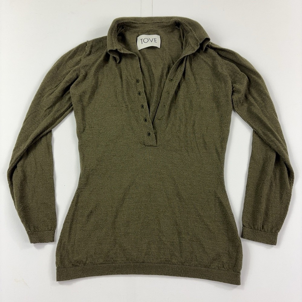 TOVE Sweater Womens M Green Wool Silk Collared Henley Knit Lightweight Pullover